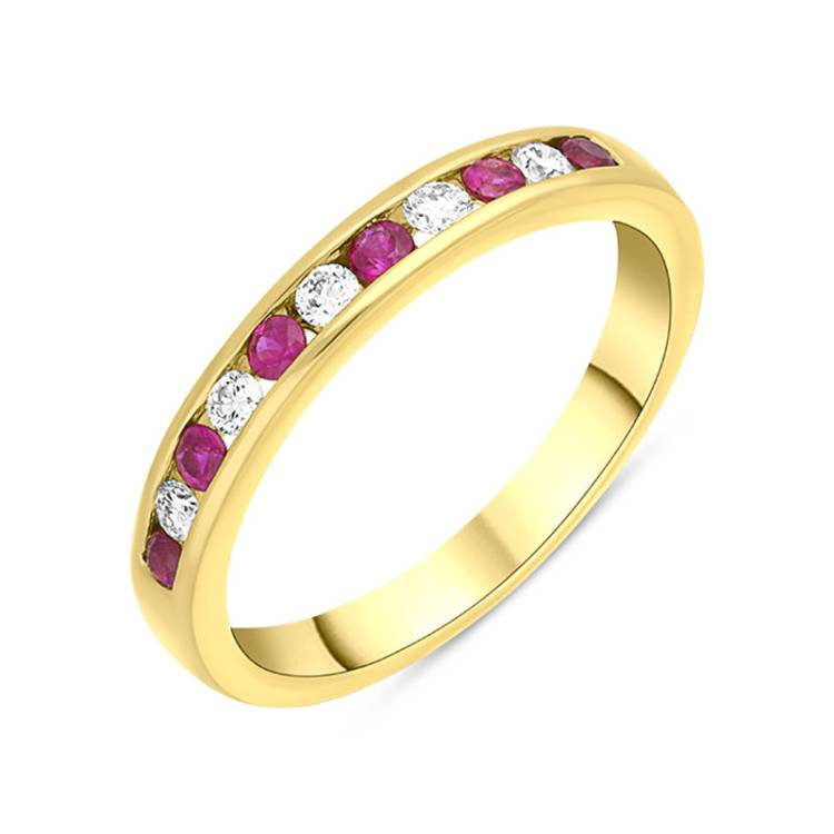 18ct Yellow Gold Ruby Diamond Eleven Stone Channel Set Ring - Yellow Gold