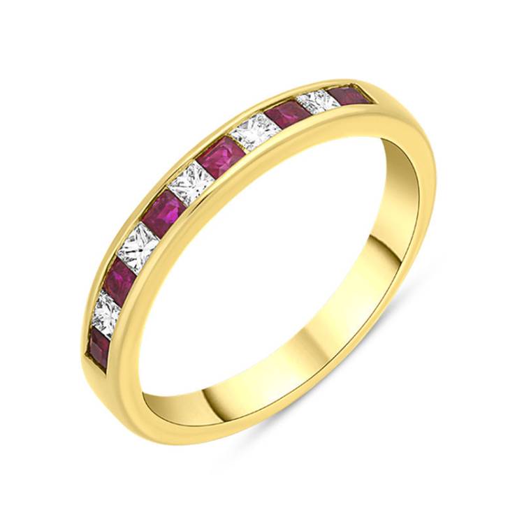 18ct Yellow Gold Ruby Diamond Eleven Stone Princess Cut Channel Set Ring - Yellow Gold