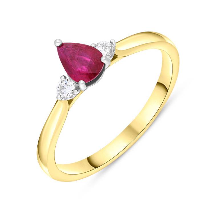 18ct Yellow Gold Ruby Diamond Pear Cut Three Stone Ring - L