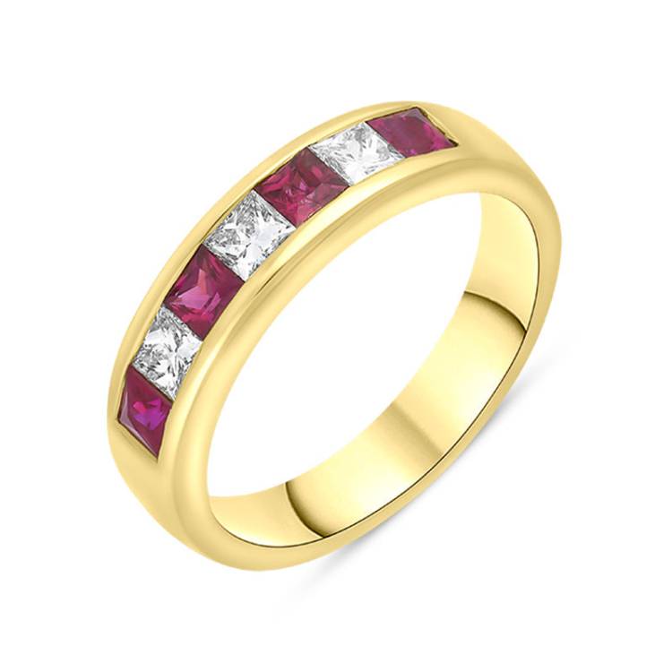 18ct Yellow Gold Ruby Diamond Seven Stone Princess Cut Channel Set Ring - Yellow Gold