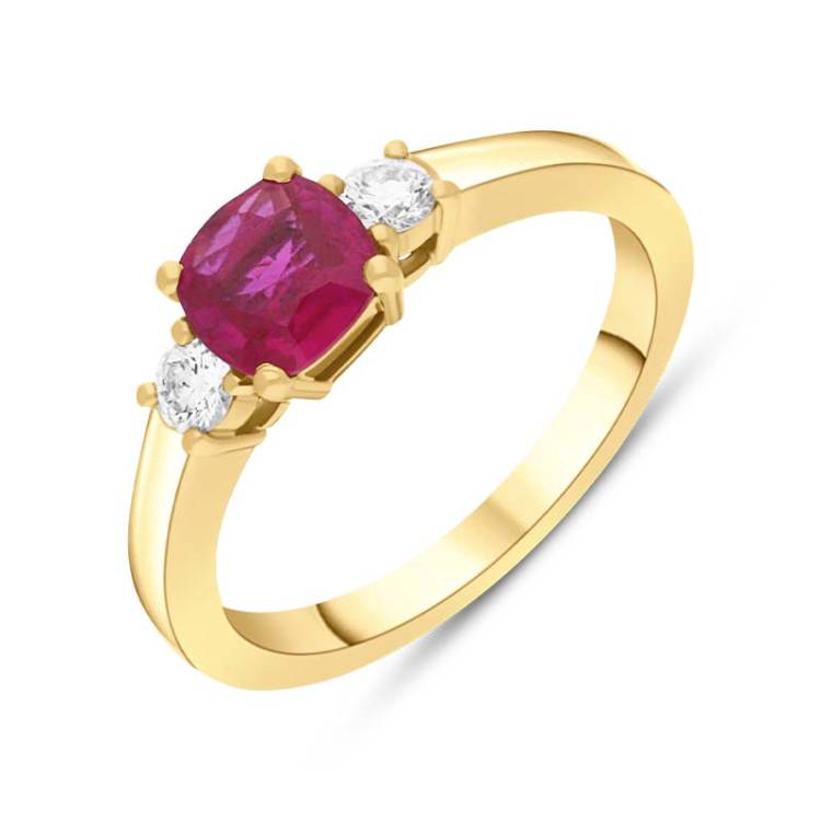 18ct Yellow Gold Ruby Diamond Three Stone Cushion Ring - Gold