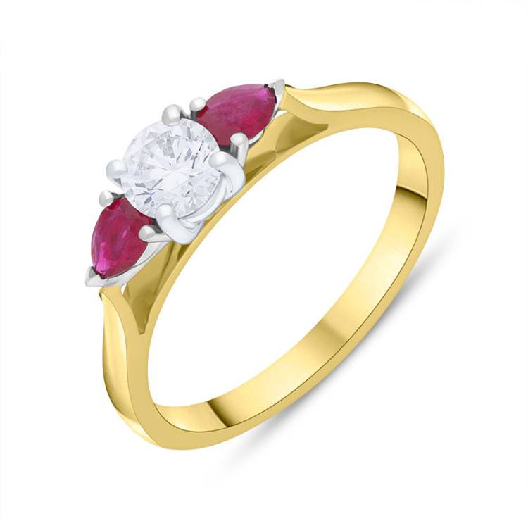 18ct Yellow Gold Ruby Diamond Three Stone Ring - Yellow Gold