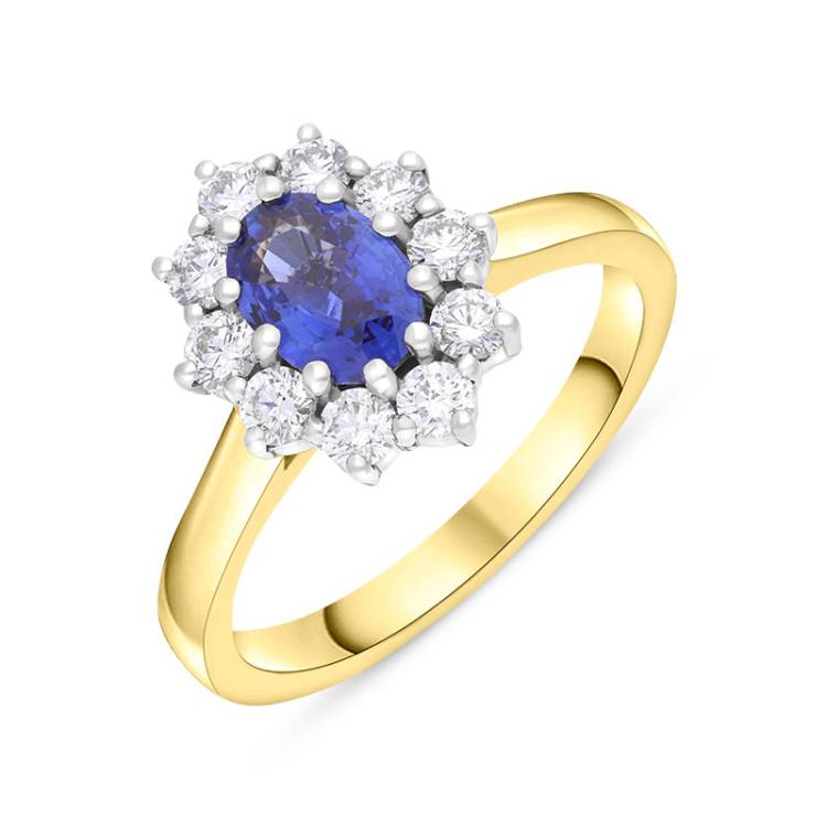 18ct Yellow Gold Sapphire Diamond Cluster Oval Cut Ring - N