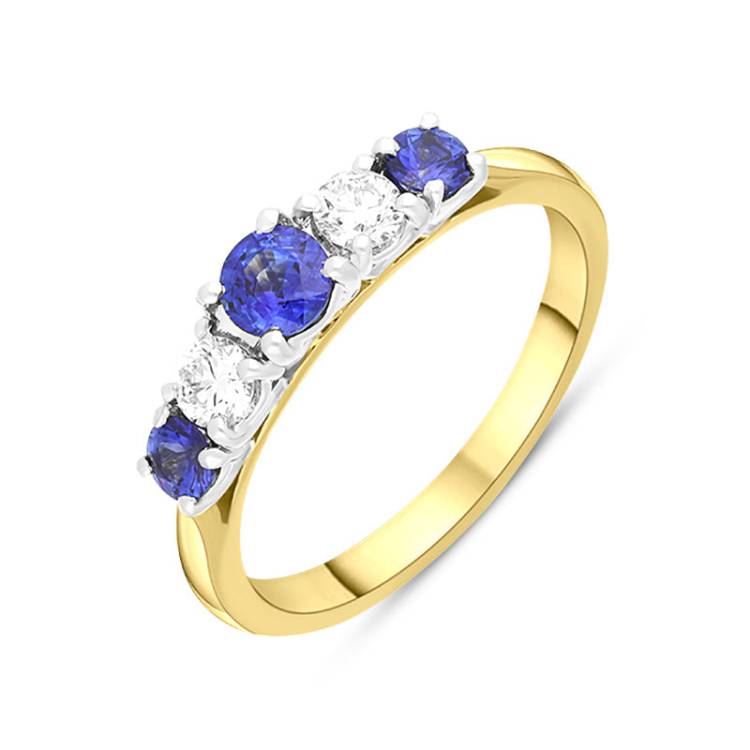 18ct Yellow Gold Sapphire Diamond Five Stone Ring - Yellow Gold