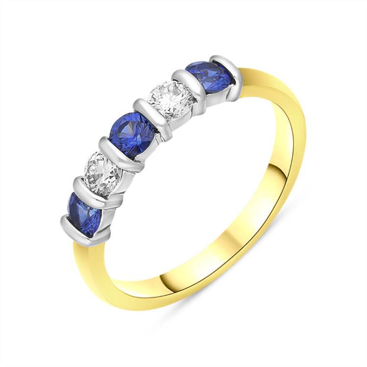 18ct Yellow Gold Sapphire Diamond Half Eternity Ring - Gold