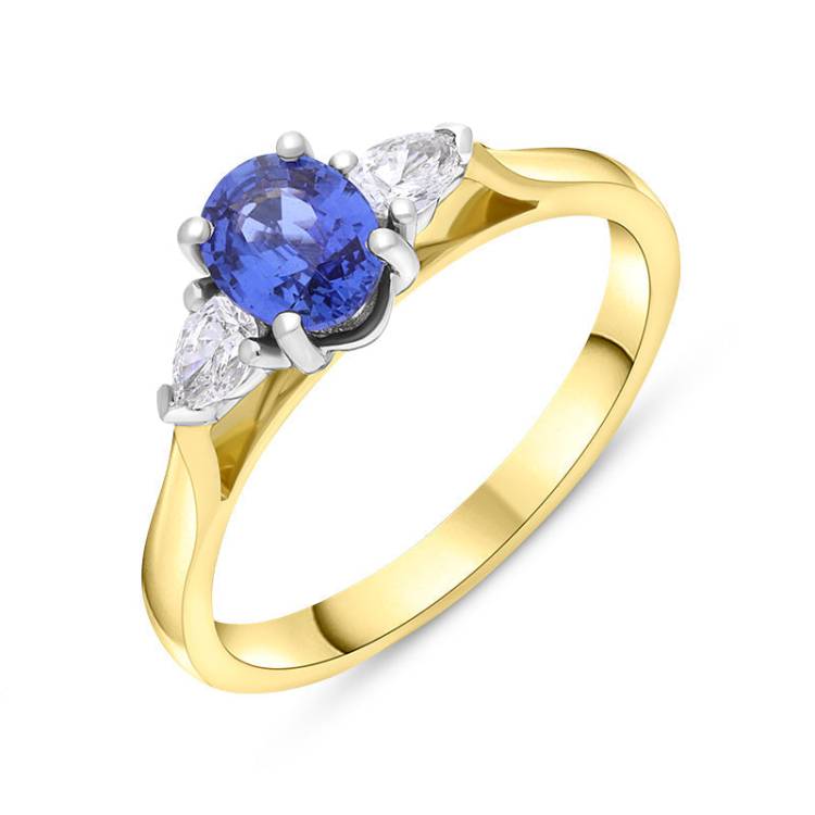 18ct Yellow Gold Sapphire Diamond Three Stone Oval and Pear Cut Ring - L