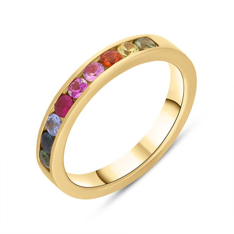 18ct Yellow Gold Sapphire Multicolour Rainbow Channel Set Half Eternity Ring - Gold