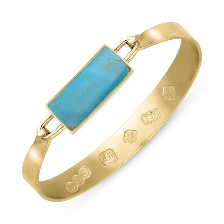 18ct Yellow Gold Turquoise Hallmark Wide Oblong Bangle - Gold