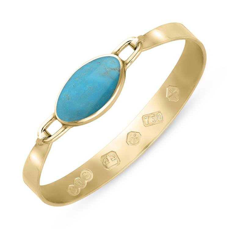 18ct Yellow Gold Turquoise Hallmark Wide Oval Bangle - Gold