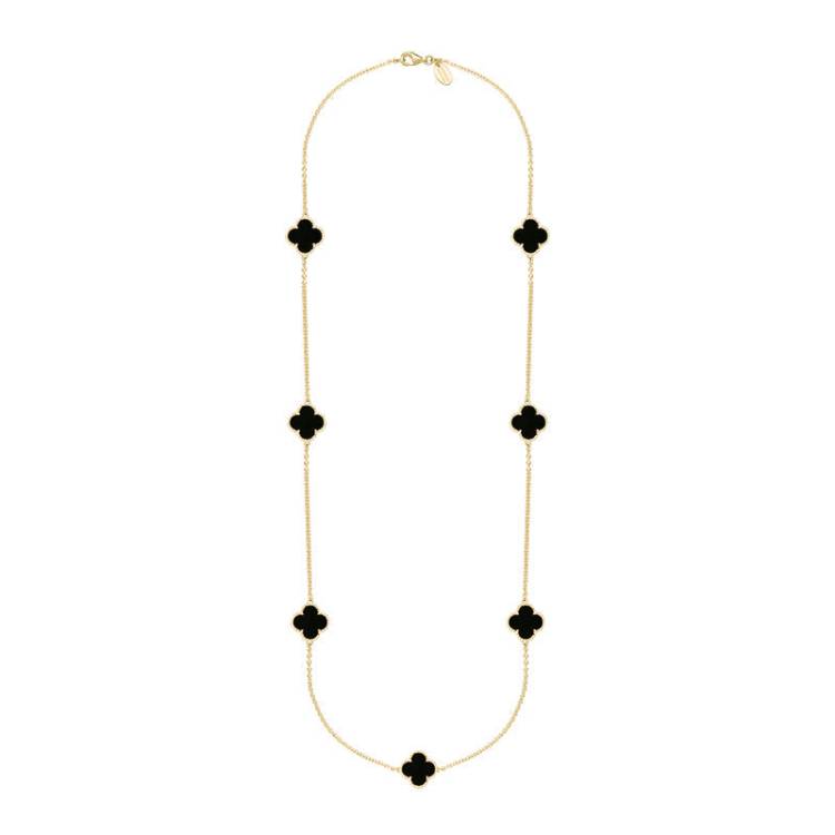 18ct Yellow Gold Whitby Jet Bloom Four Leaf Clover Ball Edge Long Necklace