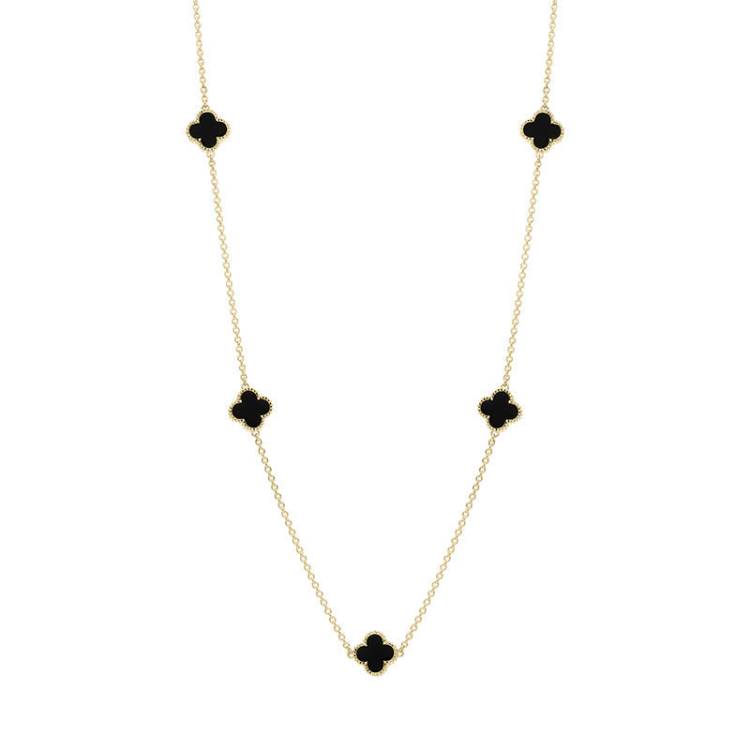 18ct Yellow Gold Whitby Jet Bloom Four Leaf Clover Ball Edge Necklace