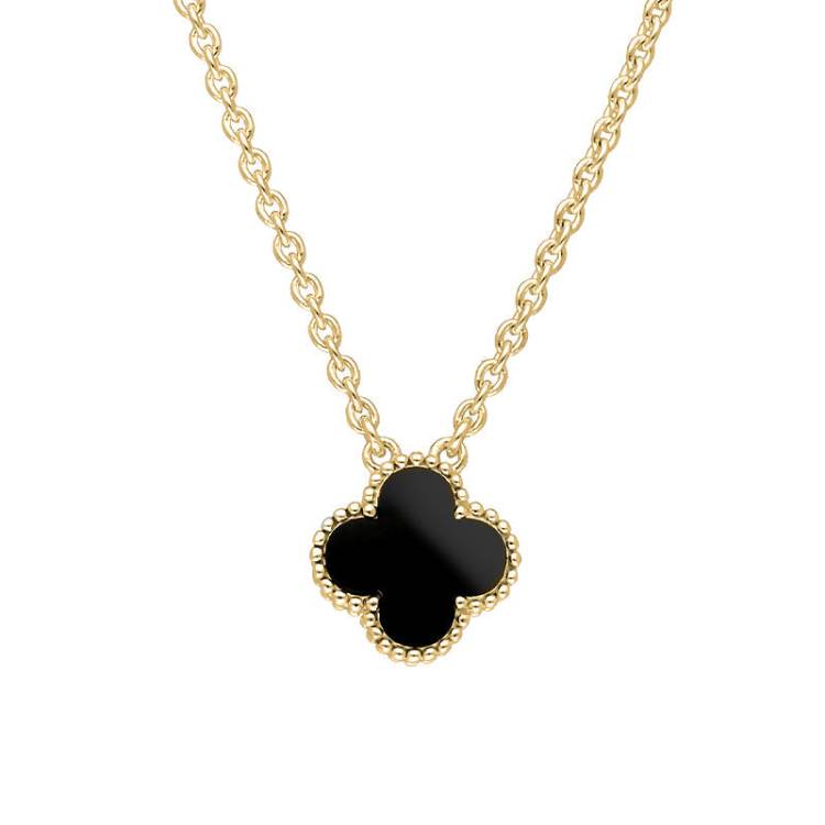 18ct Yellow Gold Whitby Jet Bloom Small Four Leaf Clover Ball Edge Chain Necklace