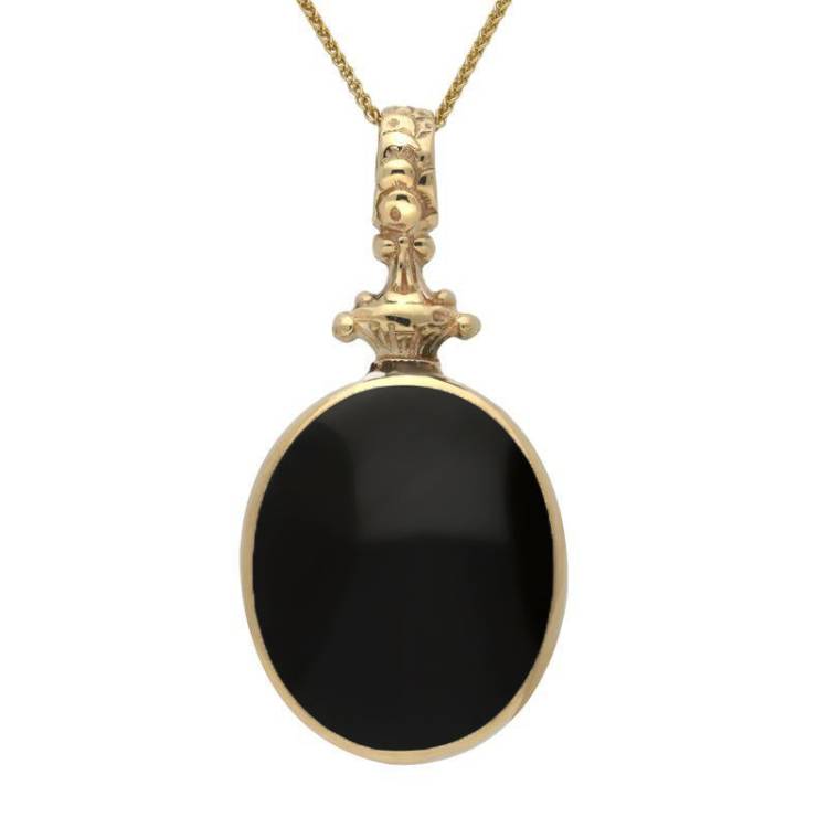 18ct Yellow Gold Whitby Jet Blue John Double Sided Oval Fob Necklace - Yellow Gold