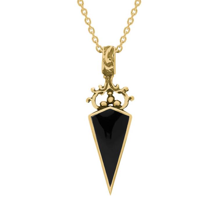 18ct Yellow Gold Whitby Jet Blue John Double Sided Scroll Dagger Fob Necklace - Yellow Gold