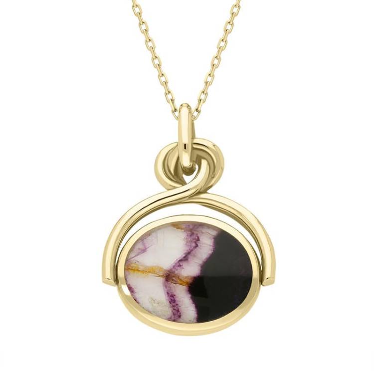 18ct Yellow Gold Whitby Jet Blue John Oval Swivel Fob Necklace - Yellow Gold