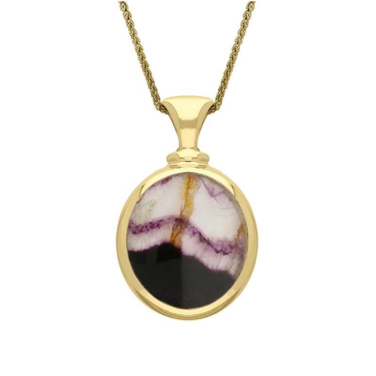 18ct Yellow Gold Whitby Jet Blue John Small Double Sided Oval Fob Necklace - Yellow Gold