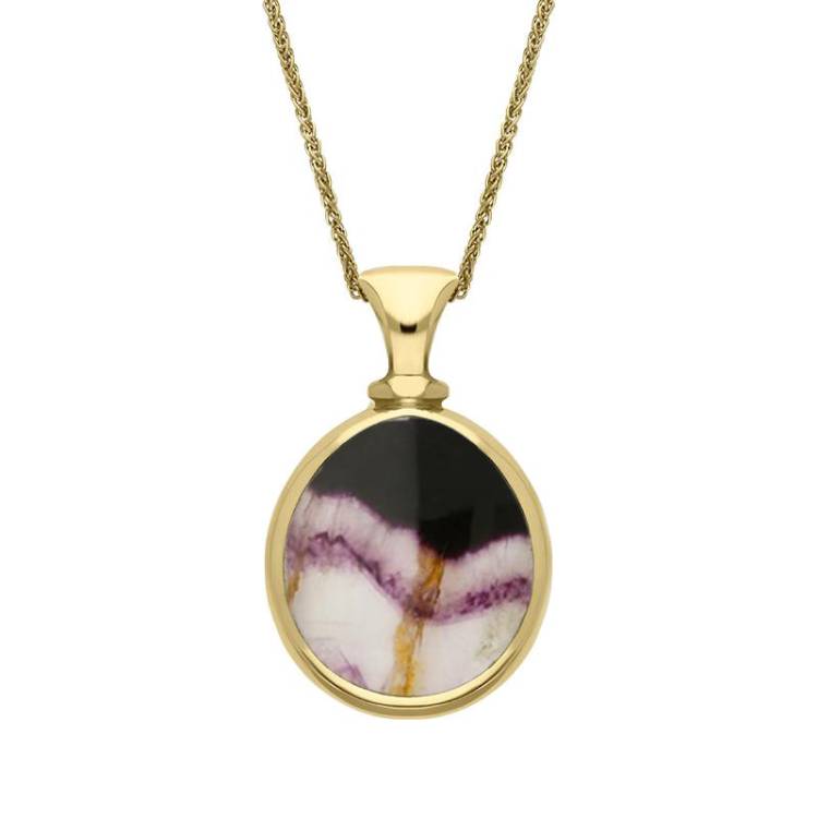 18ct Yellow Gold Whitby Jet Blue John Small Double Sided Pear Fob Necklace