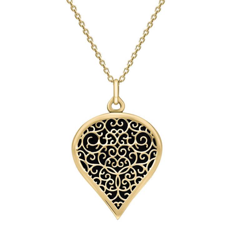 18ct Yellow Gold Whitby Jet Flore Filigree Large Heart Necklace