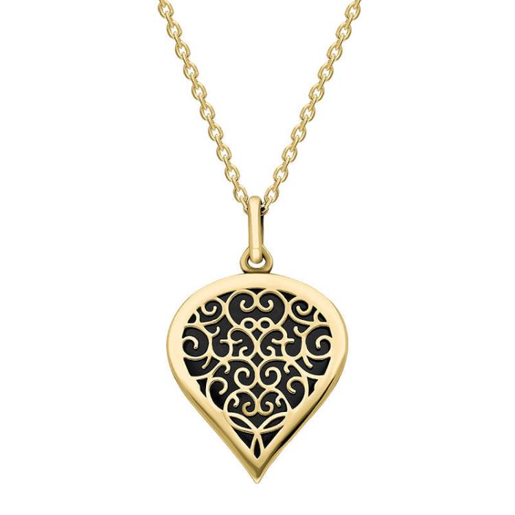 18ct Yellow Gold Whitby Jet Flore Filigree Medium Heart Necklace