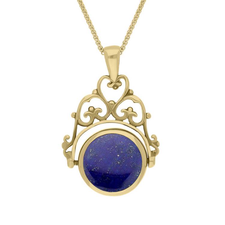 18ct Yellow Gold Whitby Jet Lapis Lazuli Double Sided Round Swivel Fob Necklace - Yellow Gold