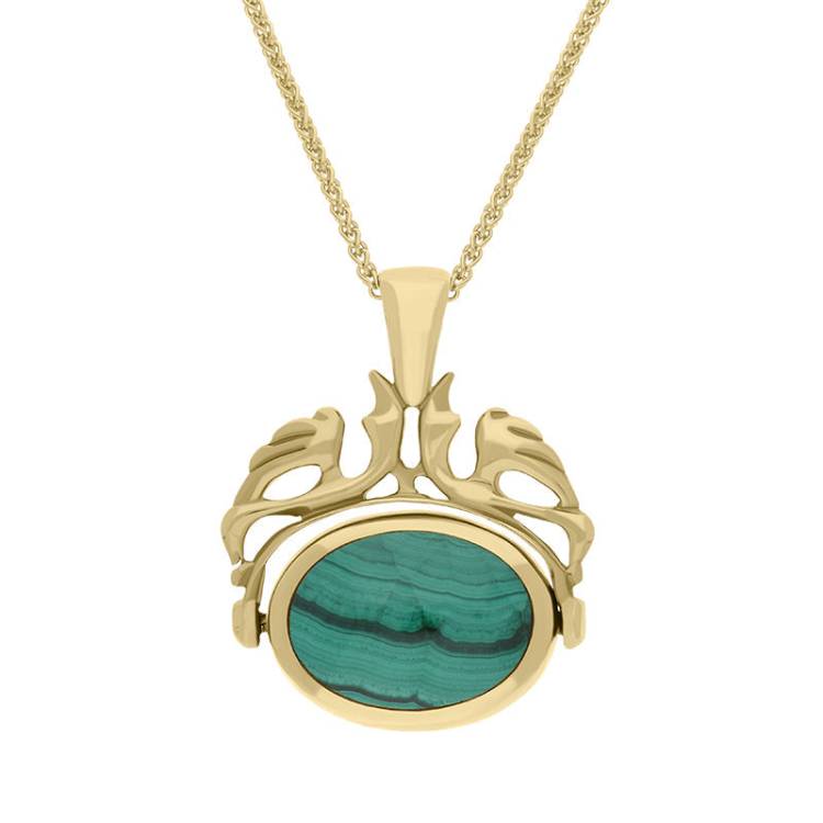 18ct Yellow Gold Whitby Jet Malachite Double Sided Oval Swivel Fob Necklace - Yellow Gold