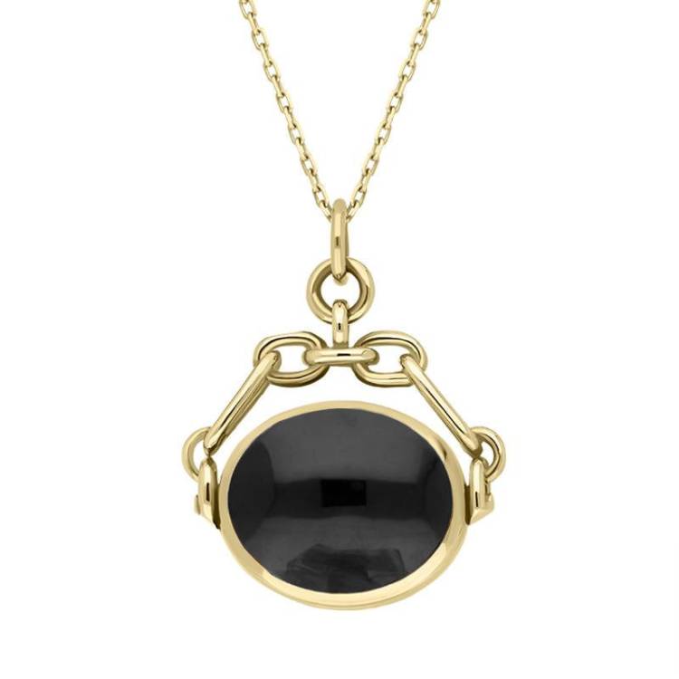 18ct Yellow Gold Whitby Jet Malachite Double Sided Swivel Fob Necklace - Yellow Gold