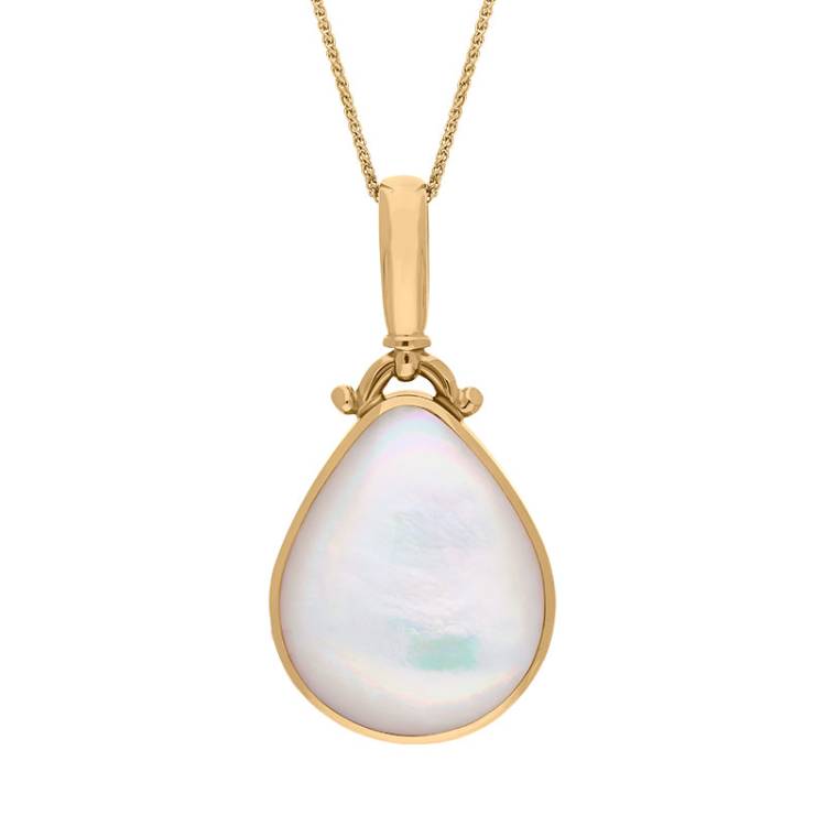 18ct Yellow Gold Whitby Jet Mother of Pearl Double Sided Pear Fob Necklace - Yellow Gold