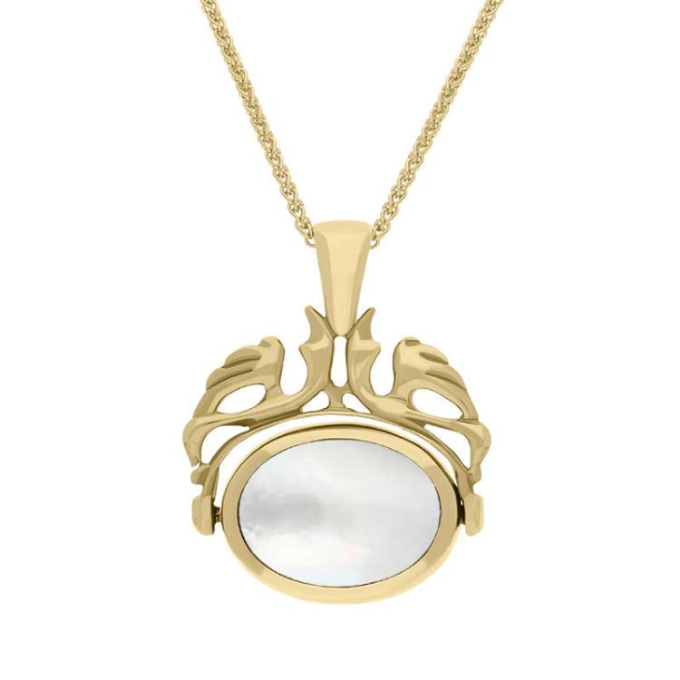 18ct Yellow Gold Whitby Jet Mother Of Pearl Double Sided Swivel Fob Necklace - Yellow Gold