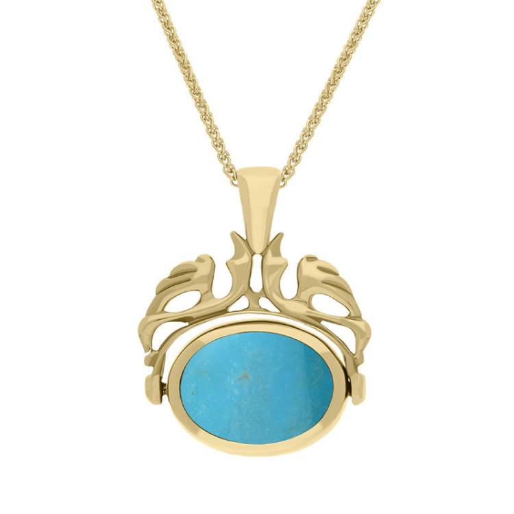 18ct Yellow Gold Whitby Jet Turquoise Double Sided Oval Swivel Fob Necklace - Yellow Gold