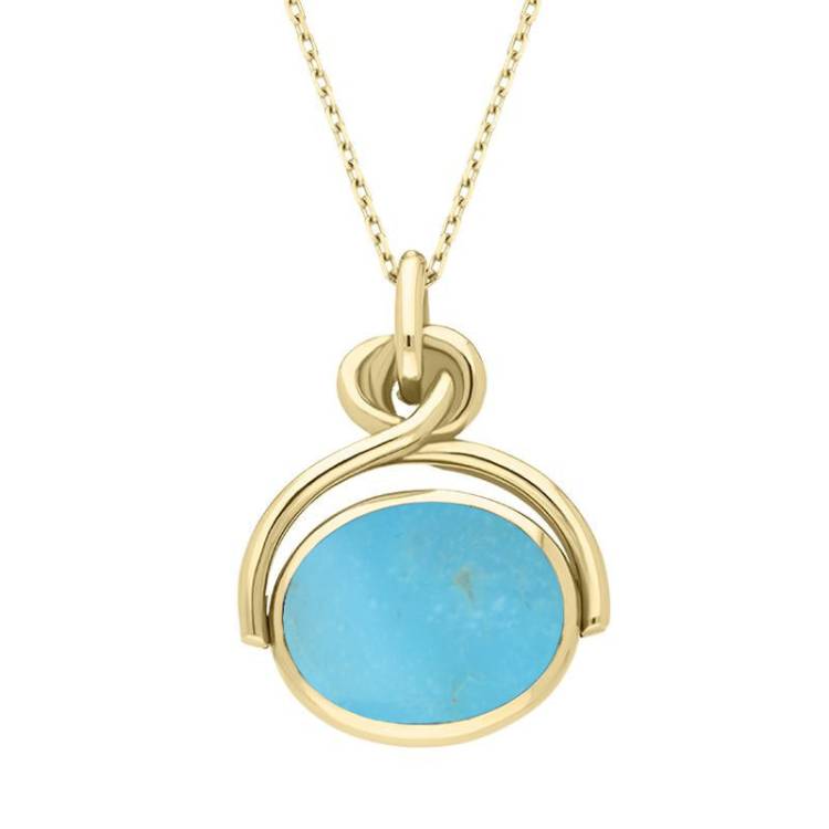 18ct Yellow Gold Whitby Jet Turquoise Oval Swivel Fob Necklace - Yellow Gold