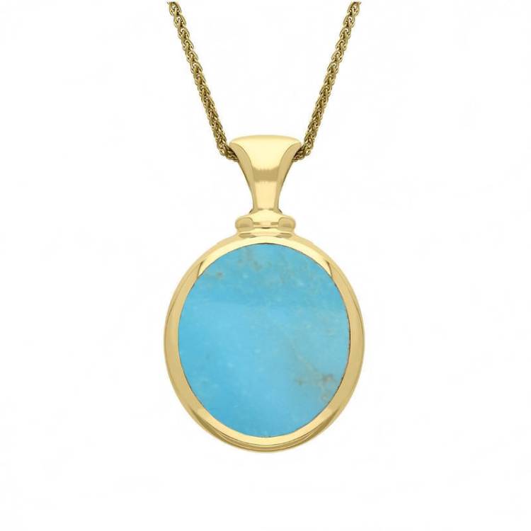 18ct Yellow Gold Whitby Jet Turquoise Small Double Sided Oval Fob Necklace - Yellow Gold