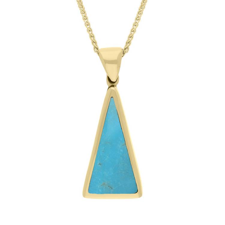 18ct Yellow Gold Whitby Jet Turquoise Small Double Sided Triangular Fob Necklace - Yellow Gold