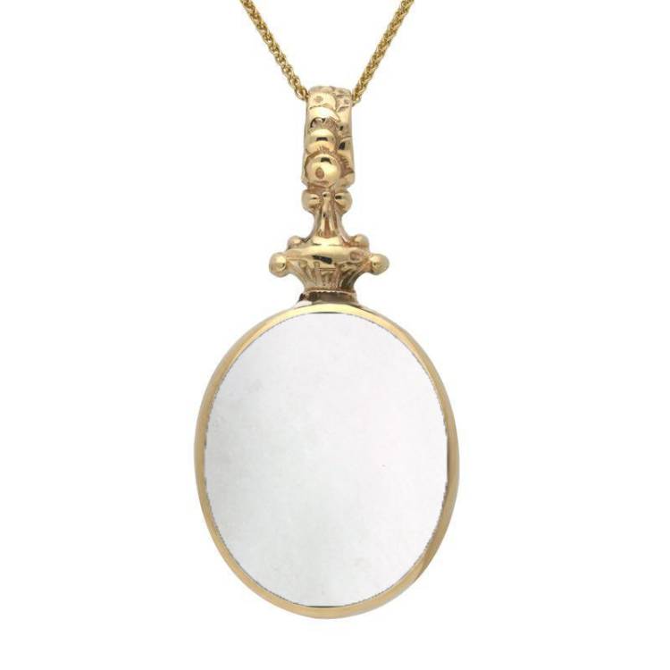 18ct Yellow Gold Whitby Jet White Mother Of Pearl Double Sided Oval Fob Necklace - Yellow Gold