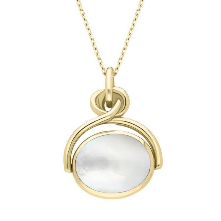 18ct Yellow Gold Whitby Jet White Mother of Pearl Oval Swivel Fob Necklace - Yellow Gold