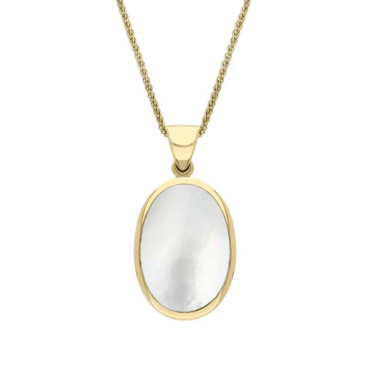18ct Yellow Gold Whitby Jet White Mother Of Pearl Small Double Sided Fob Necklace