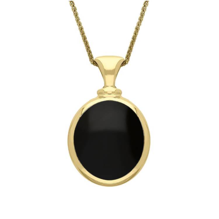 18ct Yellow Gold Whitby Jet Mother Of Pearl Small Double Sided Oval Fob Necklace - Yellow Gold