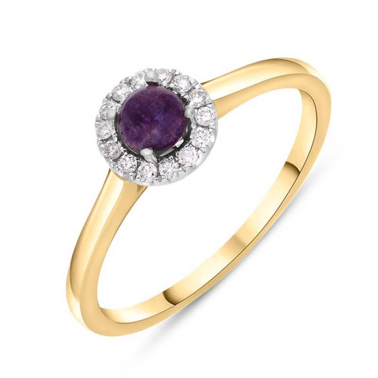 18ct Yellow White Gold Blue John 0.10ct Diamond Round Ring - R