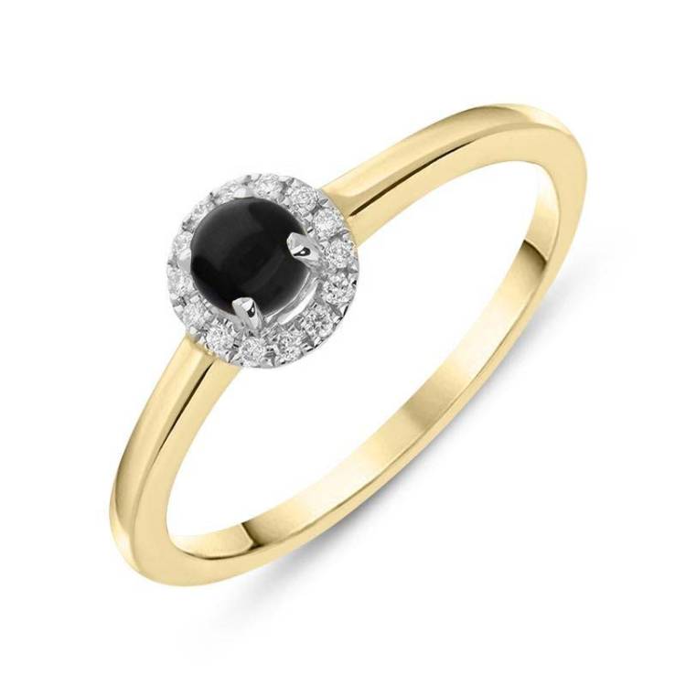 18ct Yellow White Gold Whitby Jet 0.09ct Diamond Halo Ring - L