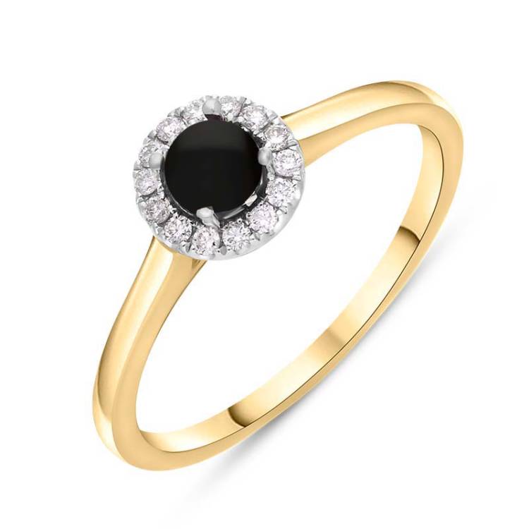 18ct Yellow White Gold Whitby Jet 0.10ct Diamond Round Ring - M