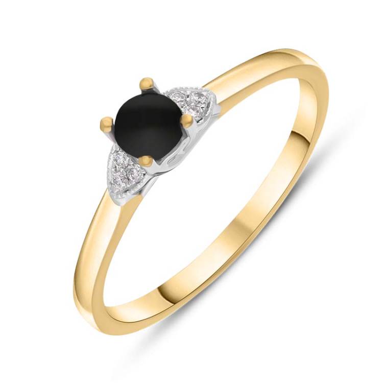 18ct Yellow White Gold Whitby Jet Diamond 0.04ct Round Claw Set Ring - T