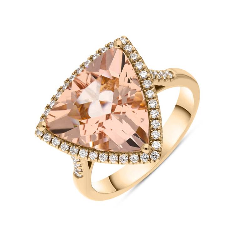 18ct Rose Gold Morganite Diamond Trillion Cut Shoulder Set Halo Ring - N