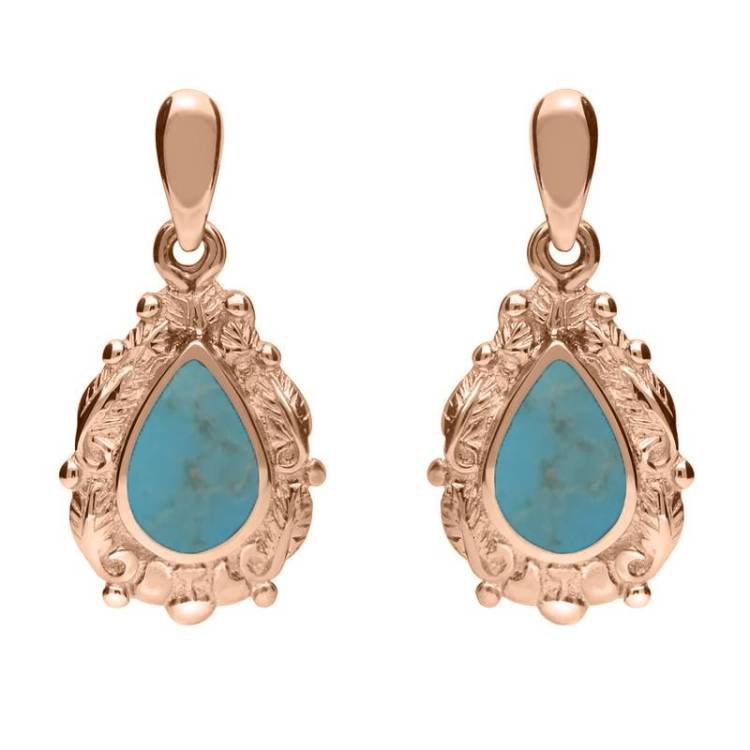 18ct Rose Gold Turquoise Pear Shaped Leaf Drop Earrings - Rose Gold