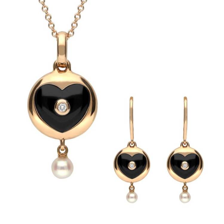18ct Rose Gold Whitby Jet Diamond Pearl Heart In Circle Two Piece Set