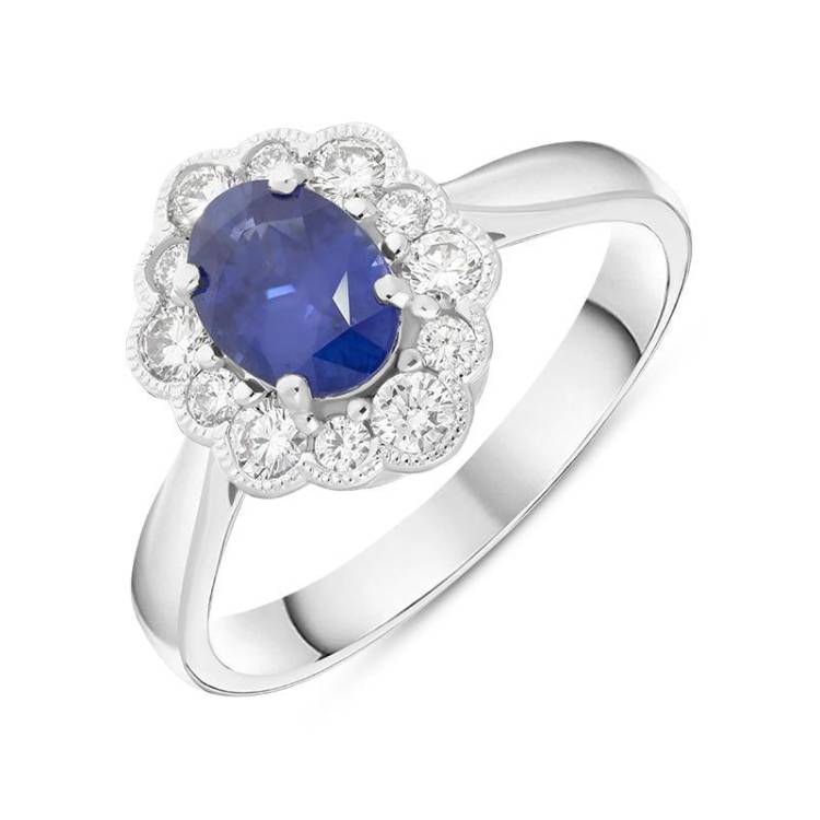 18ct White Gold 0.98ct Sapphire 0.40ct Diamond Flower Cluster Ring - Option1 Value White Gold