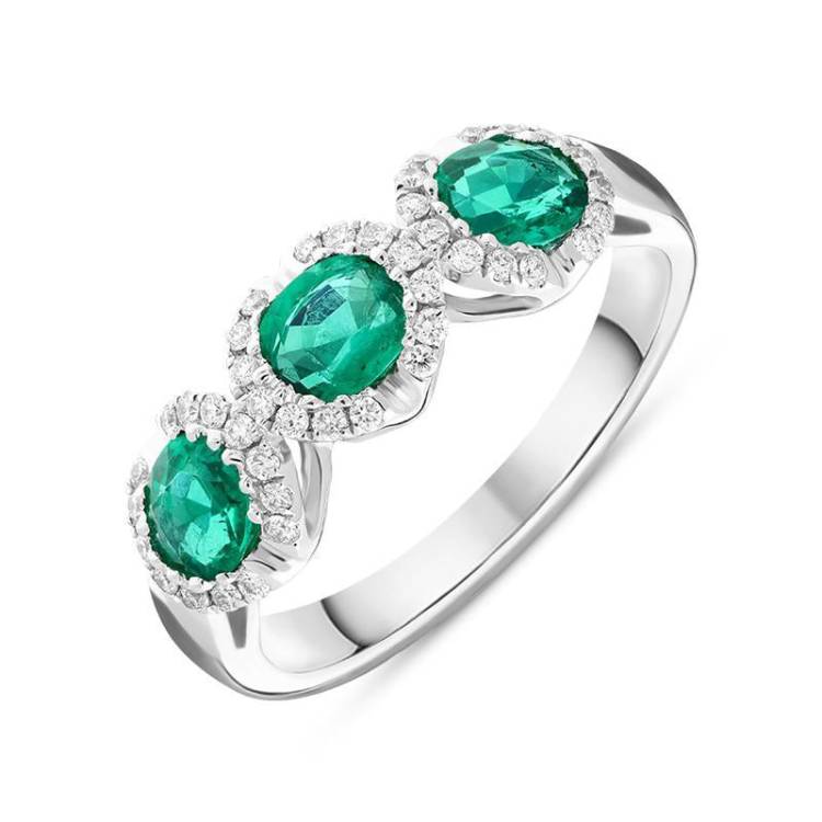 18ct White Gold 1.11ct Emerald 0.19ct Diamond Trilogy Cluster Ring - White Gold
