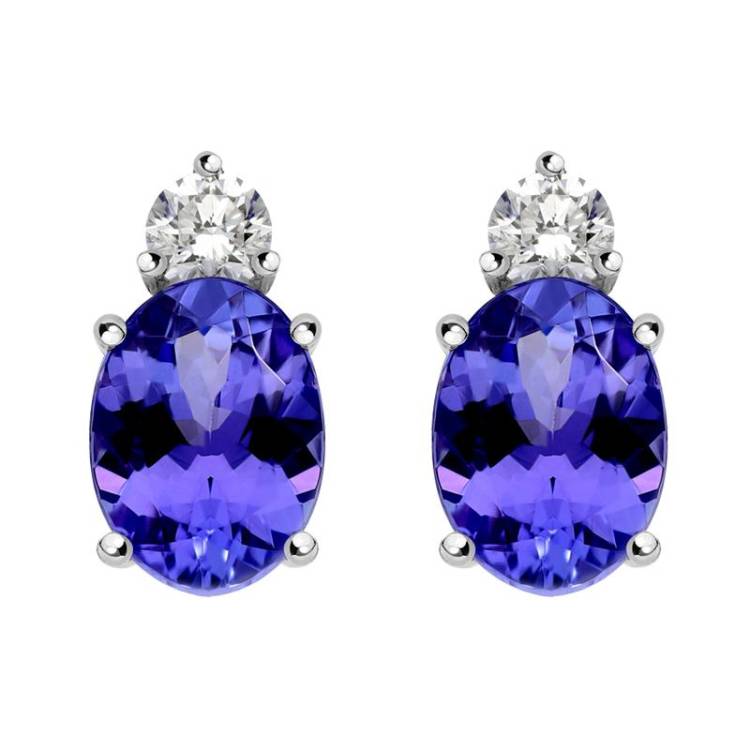 18ct White Gold 1.18ct Tanzanite 0.15ct Diamond Oval Stud Earrings D