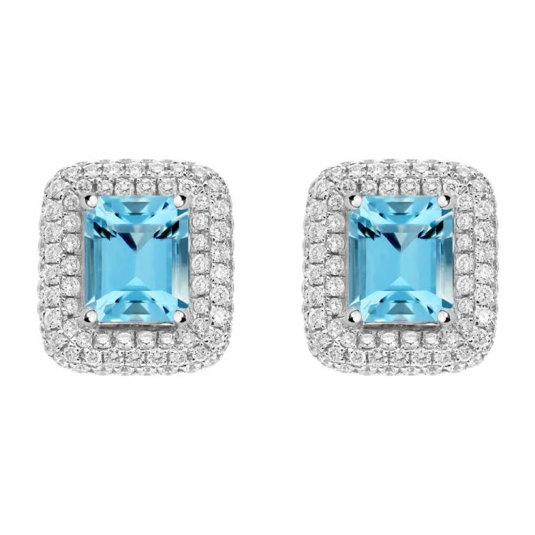 18ct White Gold 1.44ct Aquamarine 0.57ct Diamond Cushion Stud Earrings - Option1 Value White Gold