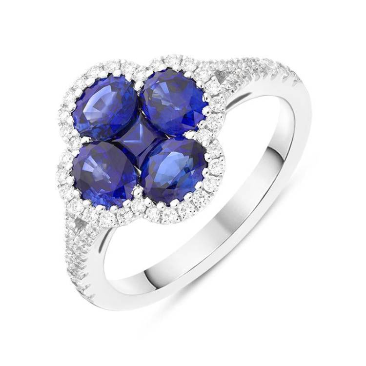 18ct White Gold 1.93ct Sapphire 0.30ct Diamond Clover Cluster Ring - Option1 Value White Gold