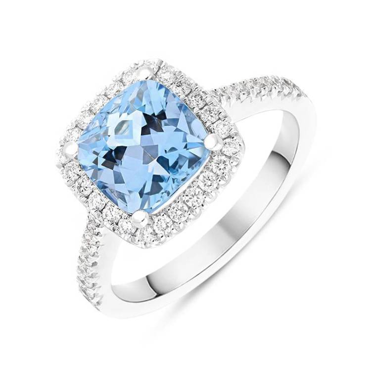 18ct White Gold 2.37ct Aquamarine 0.36ct Diamond Cushion Cut Ring