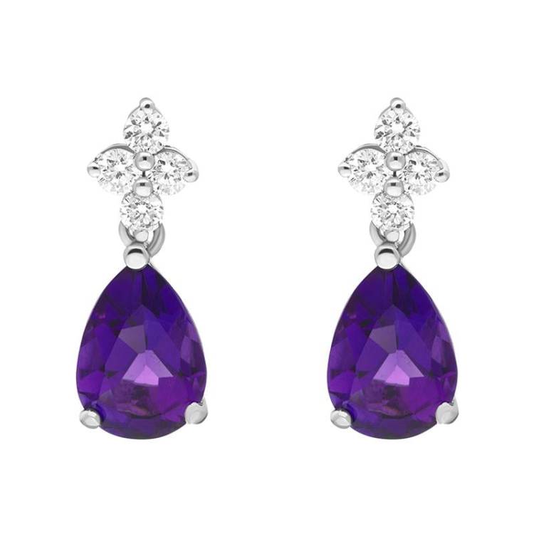 18ct White Gold Amethyst Diamond Pear Drop Earrings